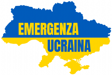Immagine della siluette dello stato ucraino con sfondo giallo e blu e la scritta "Emergenza Ucraina"