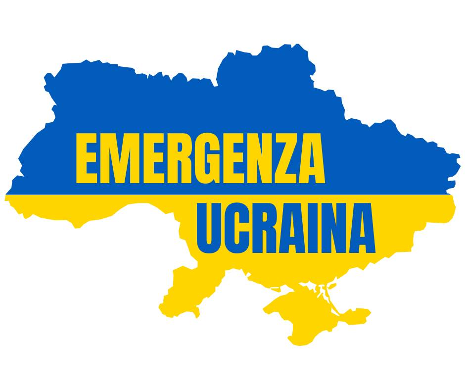 Immagine della siluette dello stato ucraino con sfondo giallo e blu e la scritta "Emergenza Ucraina"