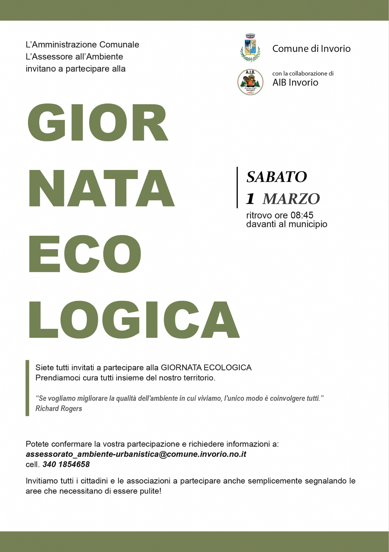 Locandina giornata ecologica di sabato 1 marzo, ritrovo ore 8.45 davanti al municipio